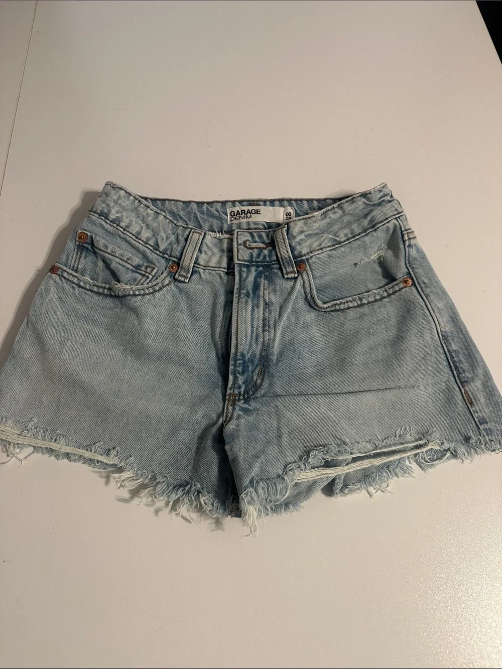 Garage Light Wash Frayed Denim Shorts - Blue